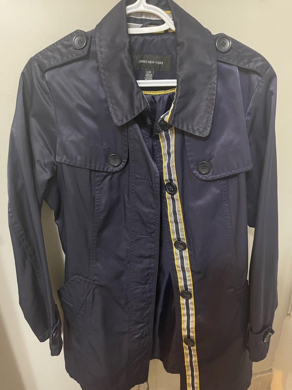 Jones New York Navy Coat with Yellow and White Stripe Trim